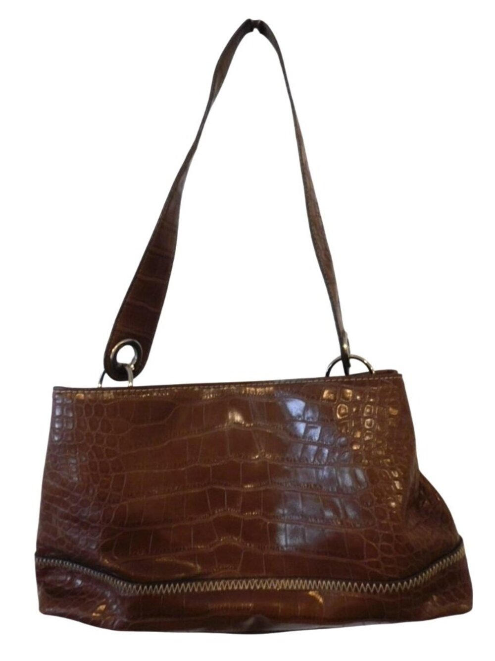 Tommy Hilfiger Brown Croc Embossed Shoulder Bag Zip Accent Y2K Purse Tote